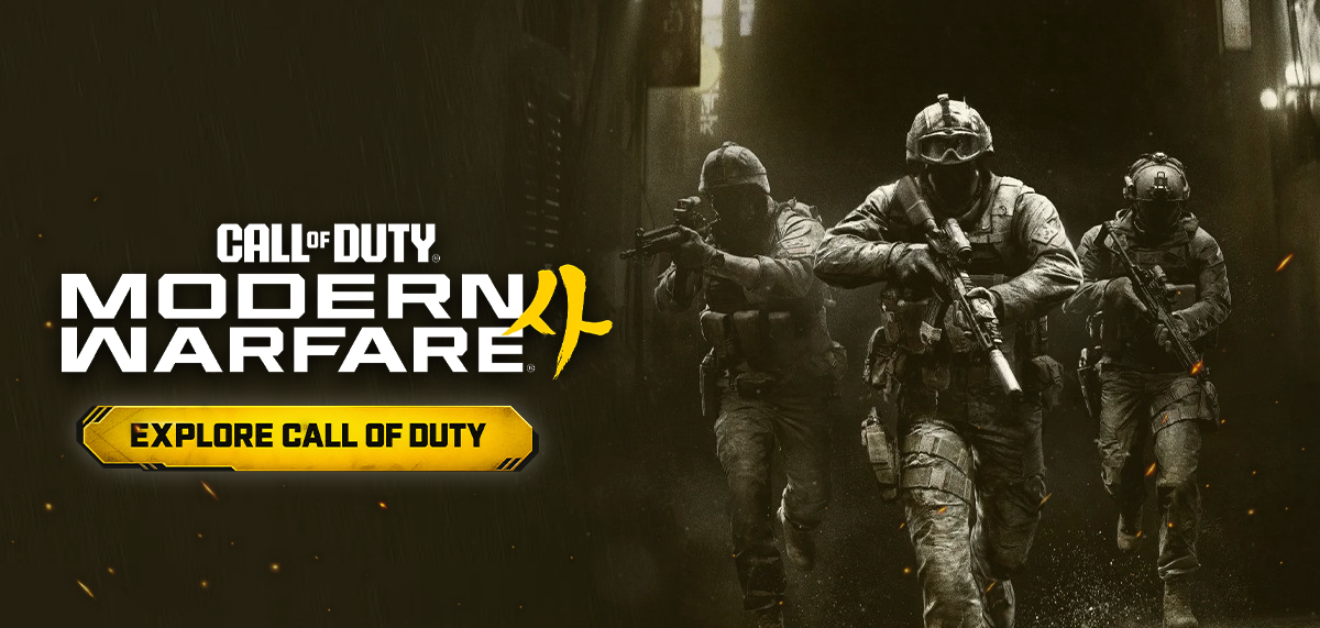 Call of Duty: Modern Warfare 4 banner featuring three armed soldiers in tactical gear, with the game logo and a yellow Explore Call of Duty button.