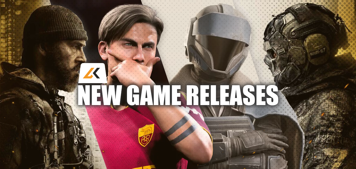 Livecards New Game Releases banner featuring four video game characters in a cinematic collage, with the LK logo and bold New Game Releases text.