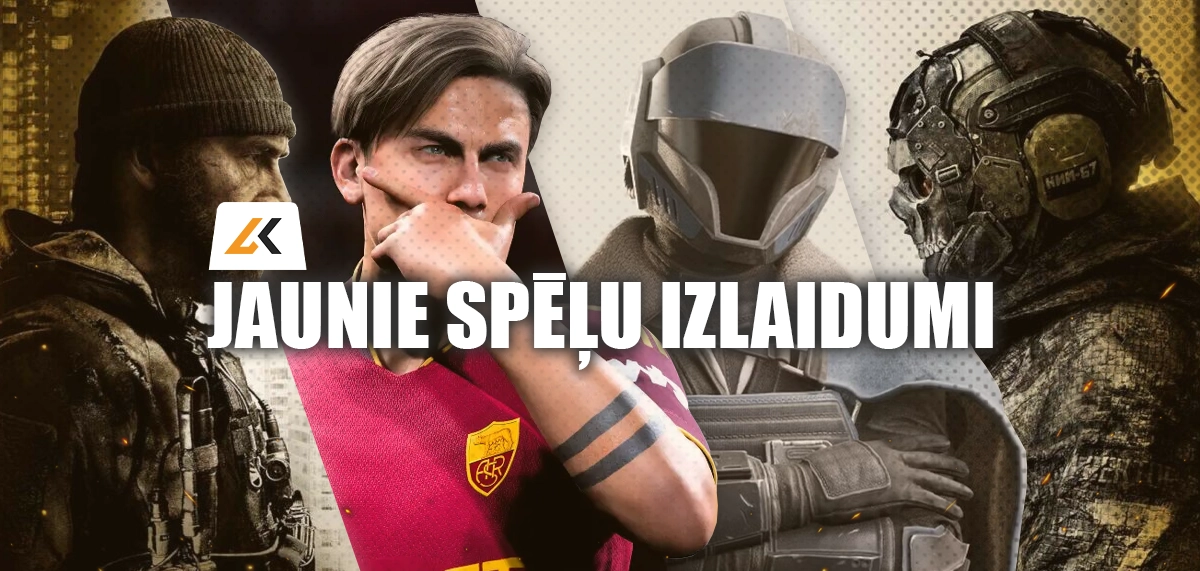Livecards jauno spēļu izlaidumu baneris ar četriem videospēļu varoņiem kinematogrāfiskā kolāžā, LK logotipu un tekstu New Game Releases.