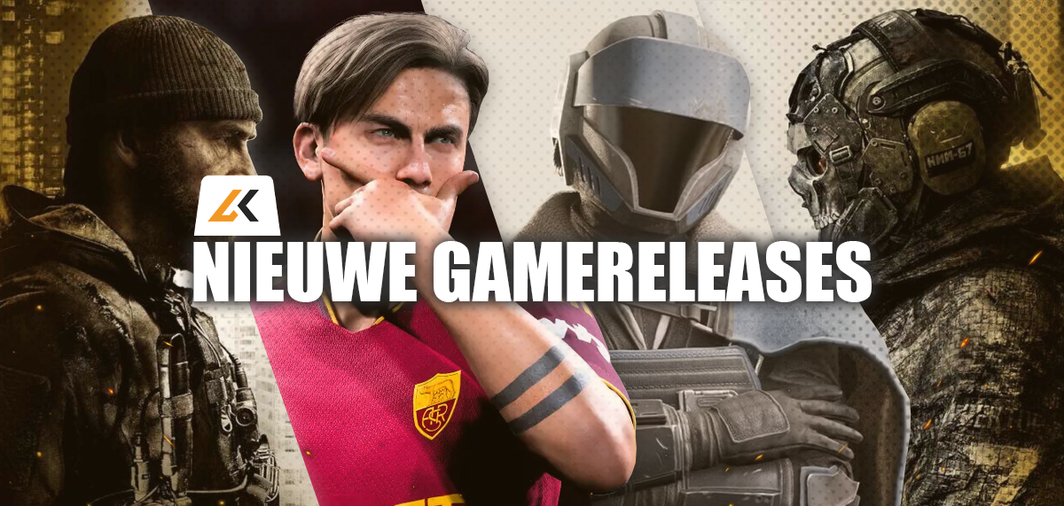 Livecards-banner voor nieuwe gamereleases met vier gamepersonages in een filmische collage, het LK-logo en de tekst New Game Releases.